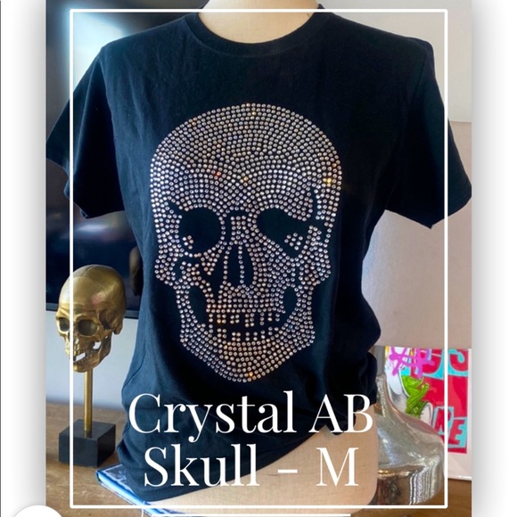 Crystal AB Rhinestone Beaded Skull T-Shirt - Size M - Picture 11 of 11